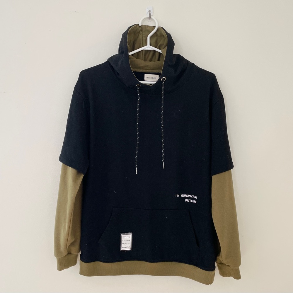 GURUNVANI Black & Olive Green Contrast Color Patchwork Pullover Hoodie